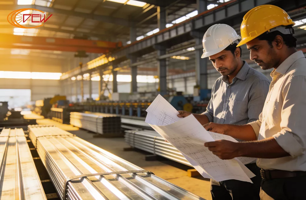 Engineers inspecting PEB steel structure plans