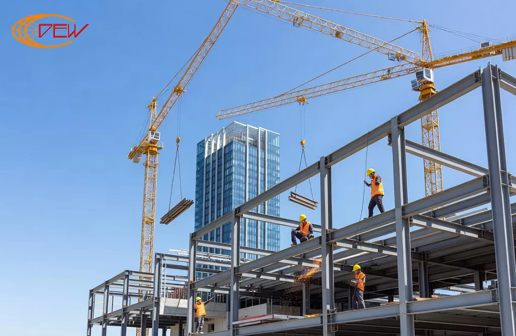 High-rise structural steel fabrication for industrial construction.