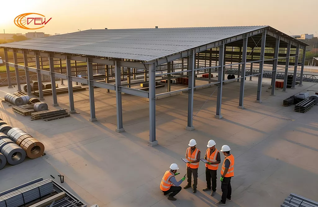 Industrial PEB warehouse structure with steel columns and roofing installation