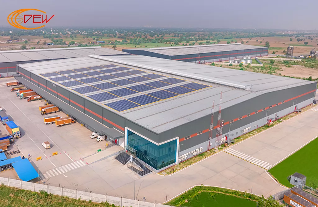 Modern pre-engineered warehouse with solar panels