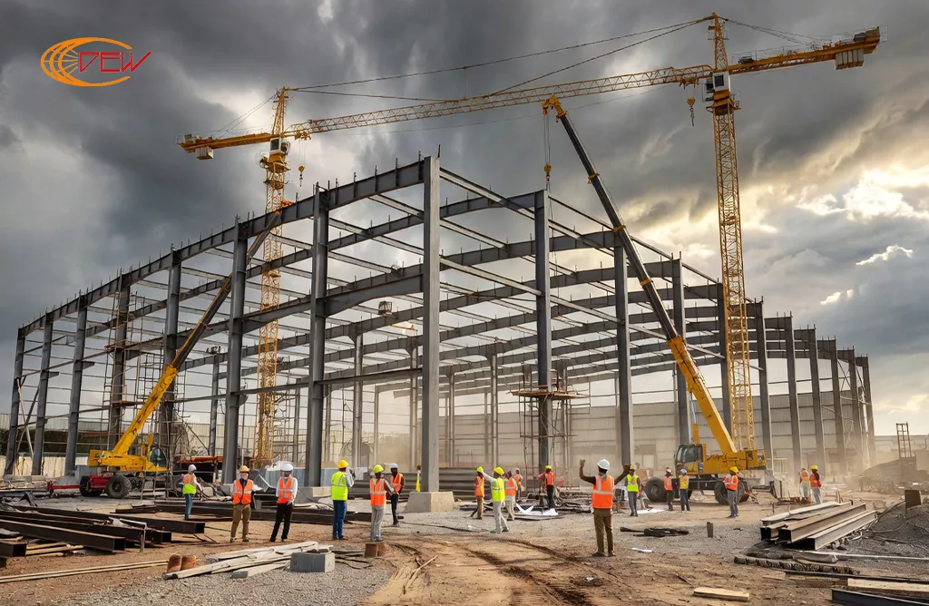 Pre-engineered steel building construction with structural framework and cranes