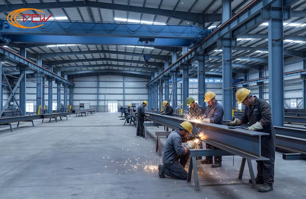 Structural steel fabrication process for industrial steel building components.