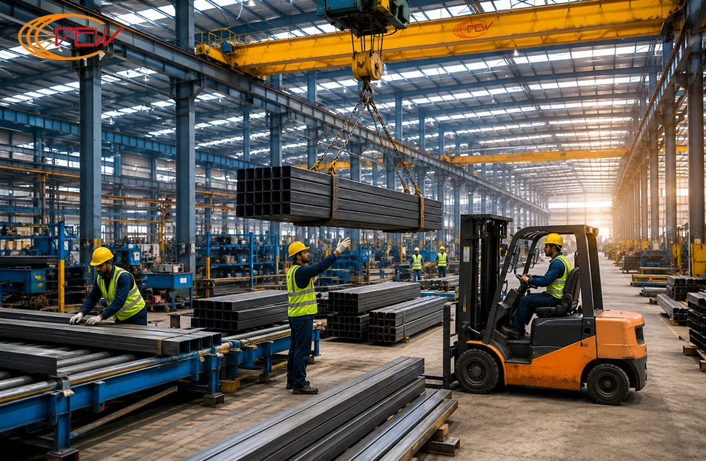 EOT crane handling steel materials inside an industrial manufacturing facility