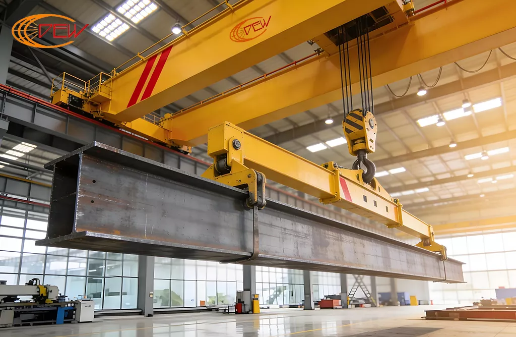 EOT crane lifting a heavy steel beam in an industrial workshop