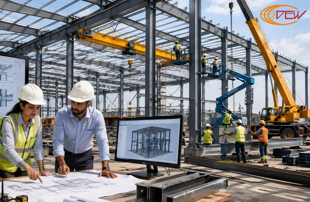 Industrial steel building construction with crane installation and structural planning
