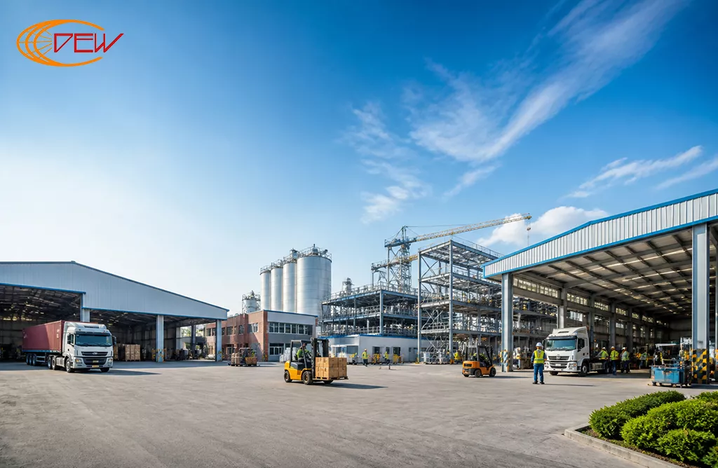 Industrial warehouse with pre-engineered building structure by DEW Equipments