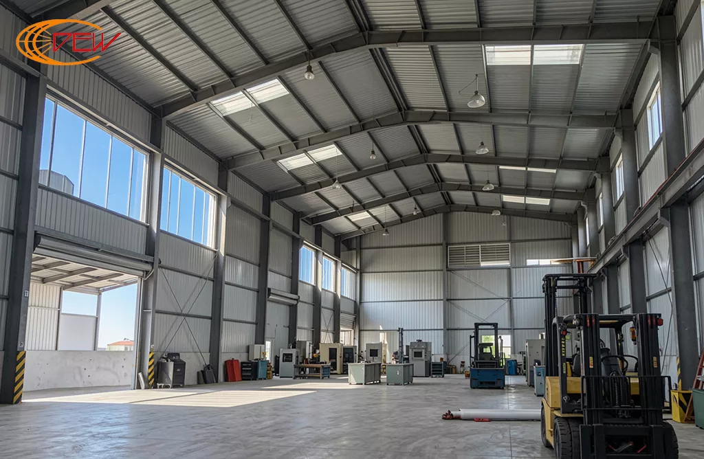 Interior view of a pre-engineered industrial warehouse building