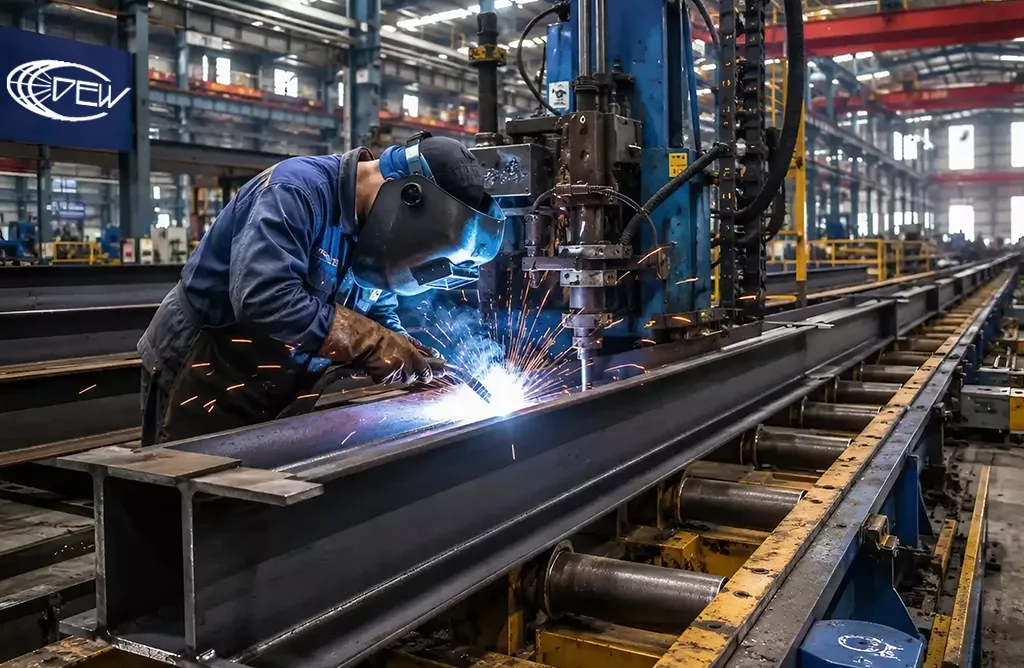 Precision Steel Structure Fabrication in an Industrial Workshop