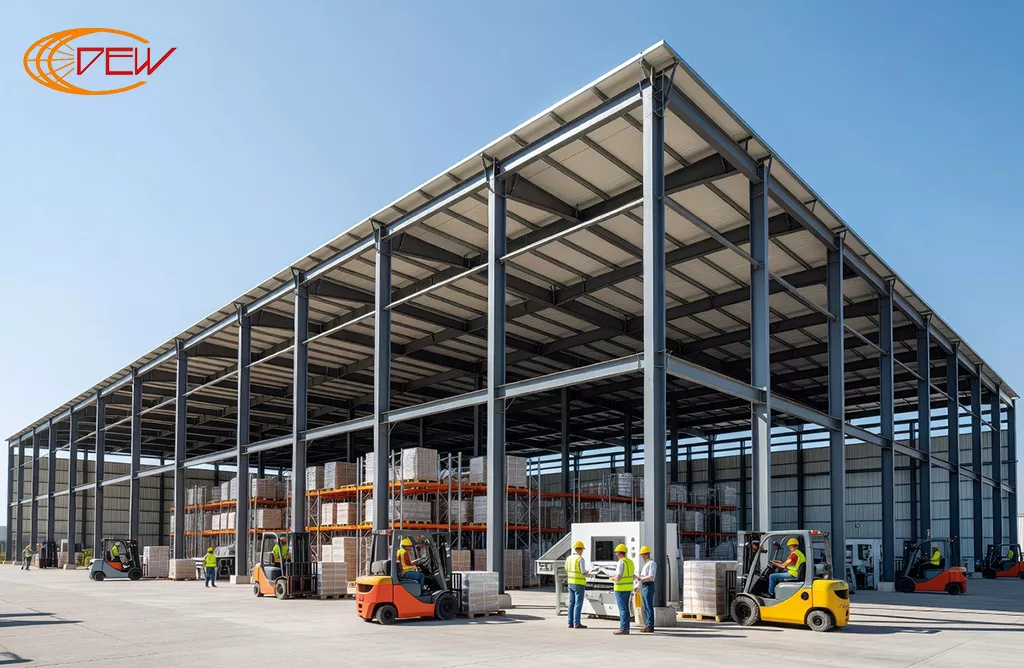Steel PEB warehouse structure under construction by DEW Equipments